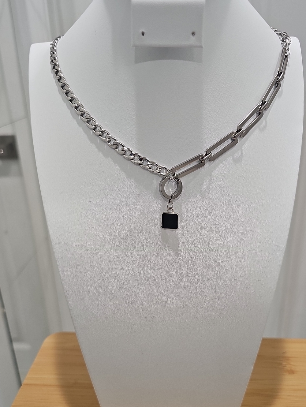 Silver Mixed-Link Necklace with Black Square Pendant